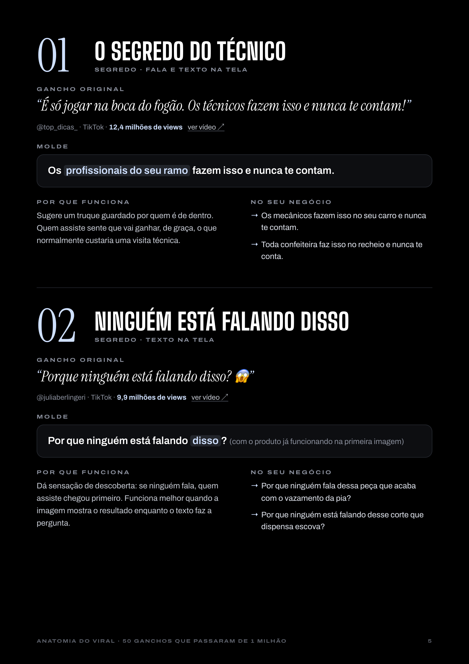 Página da lista com as fichas 01, O segredo do técnico, e 02, Ninguém está falando disso
